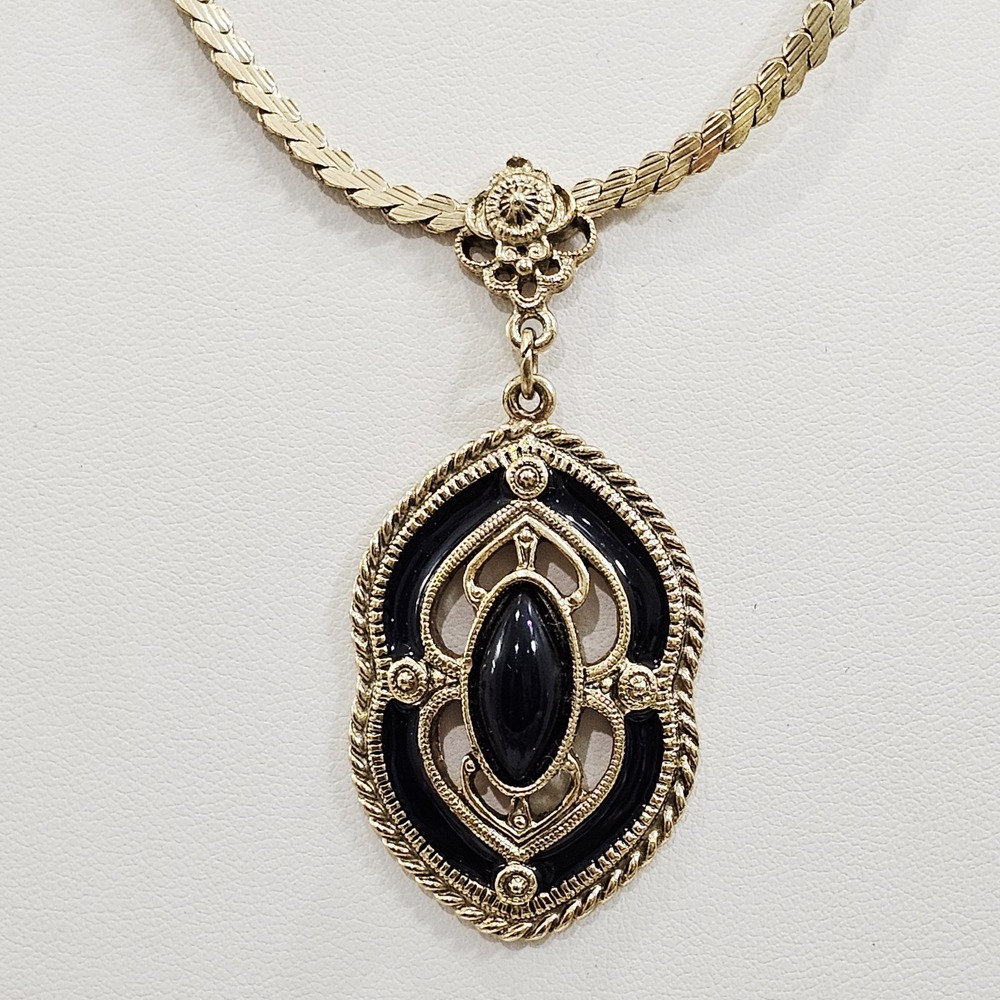 Vintage 1928 Victorian Revival Black Enamel Gold Tone Pendant Necklace